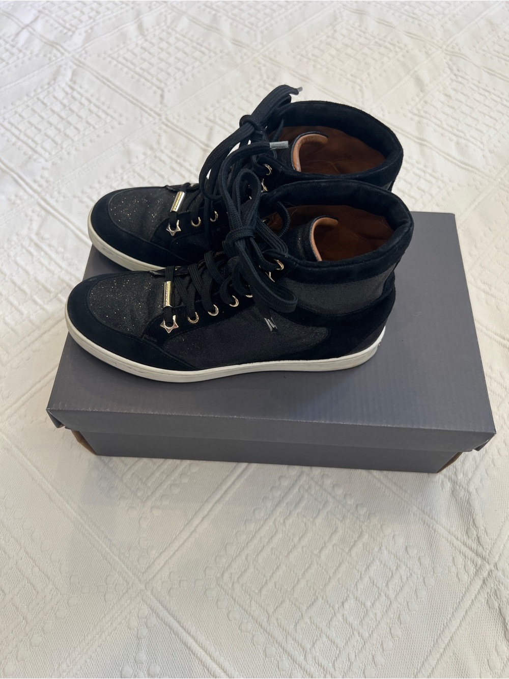 Jimmy Choo Black High-Top Kids Sneakers with White Sole and Subtle Glitter
